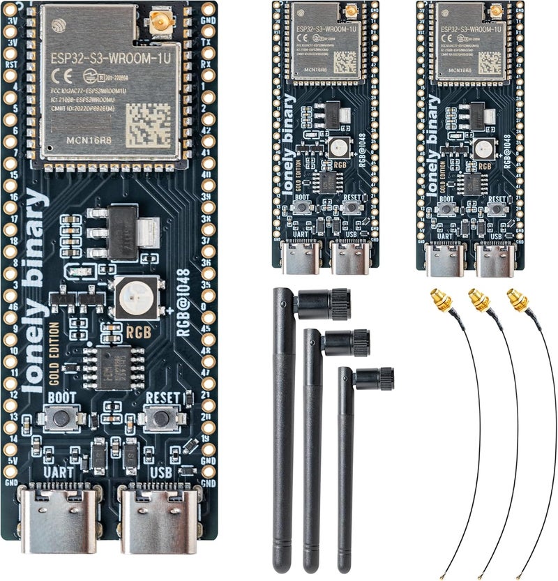 LONELY BINARY مجموعة 3 قطع من لوحة تطوير ESP32-S3 - إصدار الذهب - 16MB فلاش، 8MB PSRAM IPEX، نوع-C مزدوج - متوافقة مع Arduino IDE و ESP-IDF (3X N16R8 لوحة تطوير مع هوائي خارجي) - Image 1